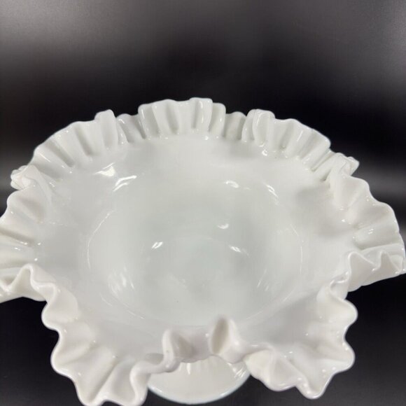 Fenton White Hobnail Footed Compote Ruffled Rim Edges Pedestal Bowl Dish Vintage - Picture 10 of 16